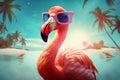 pink summer party bird hipster tropical flamingo sunglasses feather animal. Generative AI.