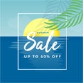 Summer tropical sunset beach. 50% sale banner template design. Big sale special offer. Special offer banner for poster, flyer, Royalty Free Stock Photo