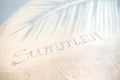 summer tropical travel holiday banner. sandy beach, shade of palm trees and waves on the waters edge summer vacation banner Royalty Free Stock Photo