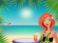 Summer tropical vacation illustration with cute girl on the beach with cocktail. Royalty Free Stock Photo