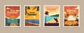 Summer tropical cards. Vacation posters in retro style. Backgrounds with summer tropical leaves, landscapes, sunsets and nature
