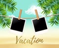 Summer two photo frames on the rope with summer sea and beach vacation - vector illustration. Blank polaroid photos on Royalty Free Stock Photo