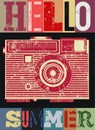 Summer typographic retro grunge poster with camera. Vector illustration.