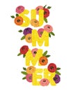 Summer. Typography poster with tribal geometric ornament and bright colorful ranunculus flowers.