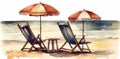 rest background beach umbrella summer resort chair lounger vacation watercolor relax. Generative AI.