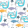 Summer undersea seamless pattern with cartoon cats, fish, decor elements. Colorful vector flat for kids. hand drawing.