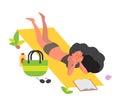 Summer vacation activities concept. Woman laying on beach towel