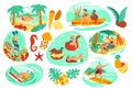 Summer vacation activity at seaside resort, people on beach, vector illustration