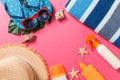 Summer vacation background with copy space. Flat lay photo on color table, travel concept. Free space for text, mock-up Royalty Free Stock Photo