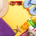 Summer vacation background with copy space. Flat lay photo on color table, travel concept. Free space for text, mock-up Royalty Free Stock Photo