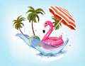 Summer vacation background. with Travel items, flamingo and palm trees