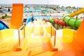 Summer vacation banner Colourful plastic slides in aquapark