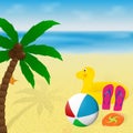 Summer vacation banner design. Palm tree, beachball, flip flops, rubber duck and flying disk on a tropical sea beach. Royalty Free Stock Photo