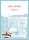 Summer vacation banner or poster template with door open to beach, flat vector. Royalty Free Stock Photo