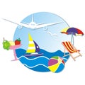 Summer vacation, banner, sea, sailboat, airplane, sunbed and parasol, cocktail.