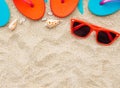 Summer vaction beach background, flip flops, sunglasses, copy space Royalty Free Stock Photo