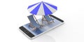 Beach chairs and umbrella on a smartphone isolated on white background. 3d illustration Royalty Free Stock Photo