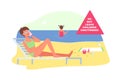 Summer vacation on a beach. Example of an Irresponsible Parent. Vector illustration