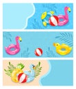 Summer vacation on beach, swimming pool vector illustration. Solar relaxation and fun holiday, inflatable toys, rubber Royalty Free Stock Photo