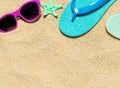 Summer vacation beach tropical background, flip flops, sunglasses, copy space Royalty Free Stock Photo