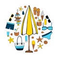 Summer vacation. Beach umbrella, starfish, flip flops, sunglasses , seashells. Vector illustration.