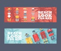 Summer vacation on the beach, vector illustration. Banners with swimming suits, summer clothes and accessories for men Royalty Free Stock Photo