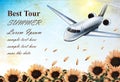 Summer Vacation card with tropic plane flying over sunflowers field Vector. Travel card exotic destination template Royalty Free Stock Photo