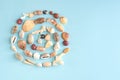 Summer vacation composition idea, seashells on blue background