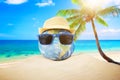 Summer Vacation Concept. Abstract image of planet earth globe laying relax on sand beach. 3d render Royalty Free Stock Photo