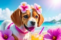 Beagle dog on the beach with tropical flowers and a cocktail. generative ai.