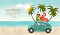 Summer vacation concept background. Car with travel items on the beach Royalty Free Stock Photo