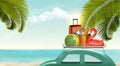 Summer vacation concept background. Car with travel items on the beach. Royalty Free Stock Photo