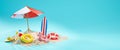 Summer Vacation Concept. Beach Umbrella Blue Backdground Banner Copy Space 3D Rendering Royalty Free Stock Photo