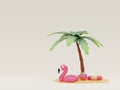 Summer vacation concept, Beach umbrella and travel accessories,ball,swim ring,summer fruit on colorfull background