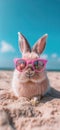 Summer vacation concept. A cool looking rabbit enjoying sun on the beach wearing sunglasses Royalty Free Stock Photo