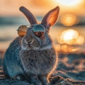 Summer vacation concept. A cool looking rabbit enjoying sun on the beach wearing sunglasses Royalty Free Stock Photo