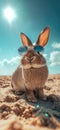 Summer vacation concept. A cool looking rabbit enjoying sun on the beach wearing sunglasses Royalty Free Stock Photo