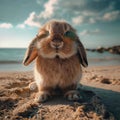 Summer vacation concept. A cool looking rabbit enjoying sun on the beach wearing sunglasses Royalty Free Stock Photo