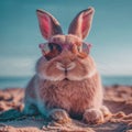 Summer vacation concept. A cool looking rabbit enjoying sun on the beach wearing sunglasses Royalty Free Stock Photo