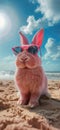 Summer vacation concept. A cool looking rabbit enjoying sun on the beach wearing sunglasses Royalty Free Stock Photo