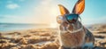 Summer vacation concept. A cool looking rabbit enjoying sun on the beach wearing sunglasses Royalty Free Stock Photo