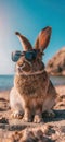 Summer vacation concept. A cool looking rabbit enjoying sun on the beach wearing sunglasses Royalty Free Stock Photo