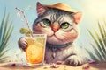 Summer vacation concept. Cute cat in hat drinking cocktail on tropical beach. AI generative illustration.
