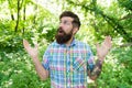 Summer vacation concept. Explore wild nature activity. Emotional nature lover. Man handsome beard and mustache in summer Royalty Free Stock Photo