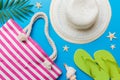 Summer vacation concept flat lay. beach accessories and towel top view. Space for text. travel concept Royalty Free Stock Photo