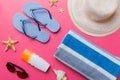 Summer vacation concept flat lay. beach accessories and towel top view. Space for text. travel concept Royalty Free Stock Photo