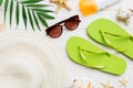 Summer vacation concept flat lay. beach accessories and towel top view. Space for text. travel concept Royalty Free Stock Photo