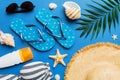 Summer vacation concept flat lay. beach accessories and towel top view. Space for text. travel concept Royalty Free Stock Photo