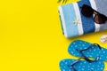 Summer vacation concept flat lay. beach accessories and towel top view. Space for text. travel concept Royalty Free Stock Photo