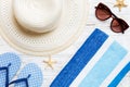 Summer vacation concept flat lay. beach accessories and towel top view. Space for text. travel concept Royalty Free Stock Photo